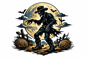 Zombie cowboy silhouette on a moonlit prairie, tumbleweeds rolling. tattoo idea