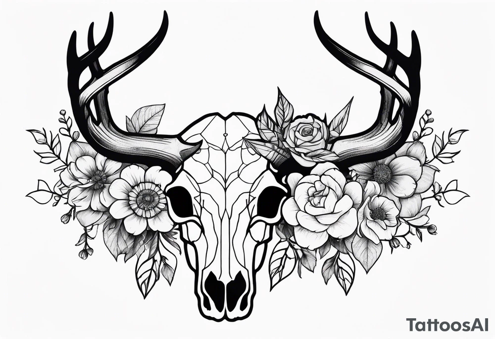Reindeer skull with flowers on the horns tattoo idea