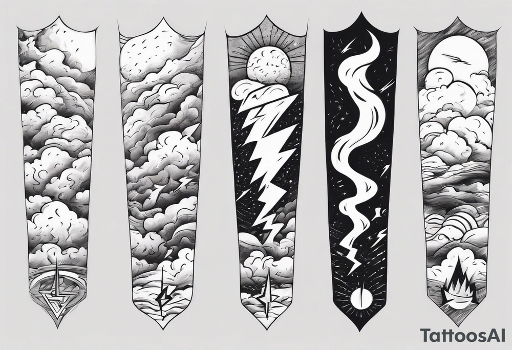 forearm sleeve lightning and clouds pattern tattoo idea