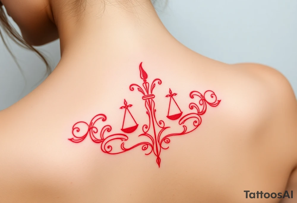 Tattoo that combines the star sign Taurus and Libra ,in red , down the spine tattoo idea