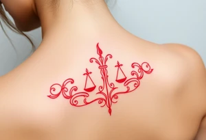 Tattoo that combines the star sign Taurus and Libra ,in red , down the spine tattoo idea