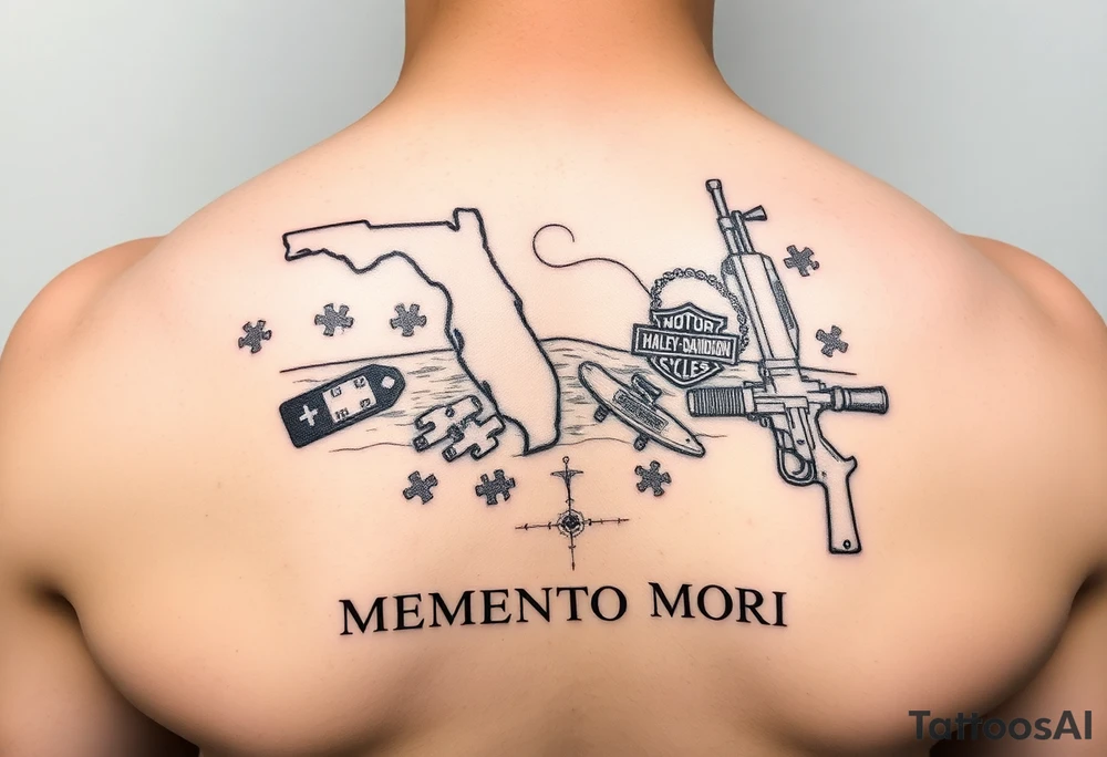 futuristic memory tattoo for passed boyfriend; Florida, gulf coast water, Harley Davidson, skateboarding, puzzle pieces, video games, heaven, god, outdoors, guns, disc golf, words "MEMENTO MORI" tattoo idea
