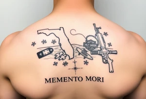 futuristic memory tattoo for passed boyfriend; Florida, gulf coast water, Harley Davidson, skateboarding, puzzle pieces, video games, heaven, god, outdoors, guns, disc golf, words "MEMENTO MORI" tattoo idea