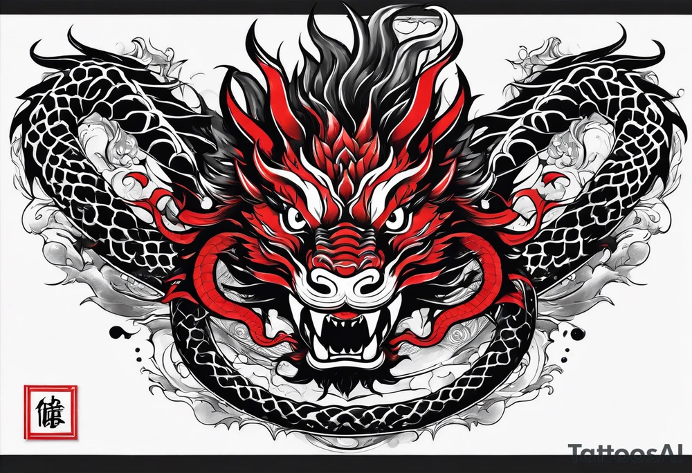 dragon irezumi arm sleeve in black and red with water and lightning tattoo idea