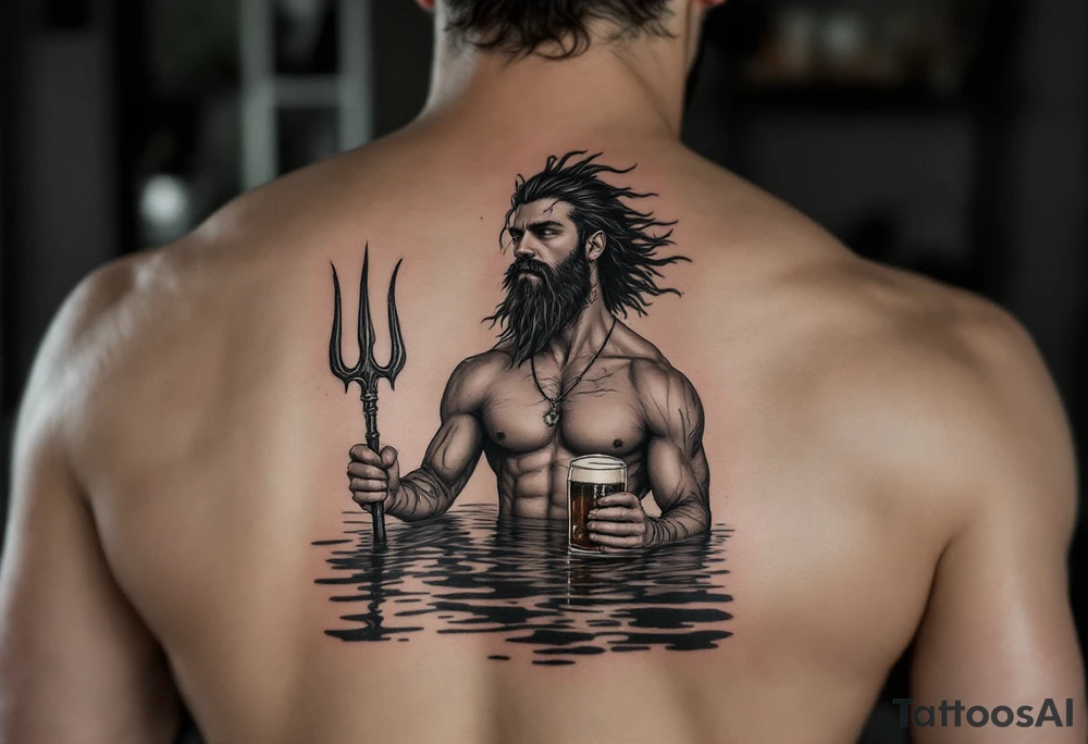 young, fit poseidon in calm water, holding a trident, drinking a beer, with foot on his bicep tattoo idea