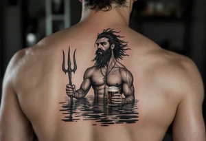 young, fit poseidon in calm water, holding a trident, drinking a beer, with foot on his bicep tattoo idea