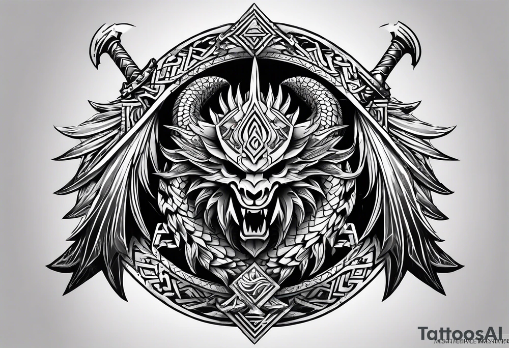 Valhalla sword shield dragon head axe Valknut tattoo idea