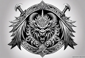 Valhalla sword shield dragon head axe Valknut tattoo idea