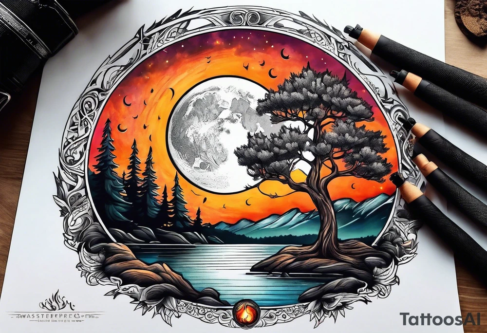 design moon tree campfire. playing the guitar music tattoo idea