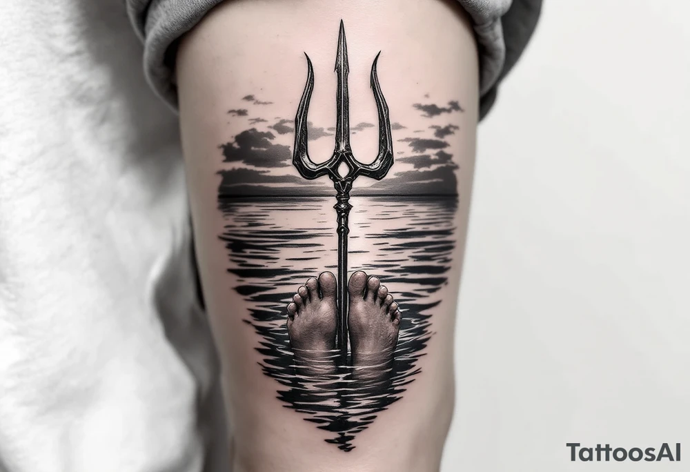 trident with bare feet half way under calm water at sunset tattoo idea