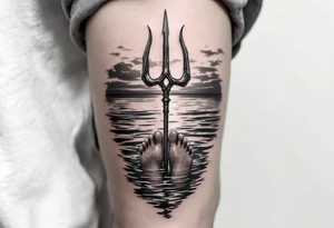 trident with bare feet half way under calm water at sunset tattoo idea