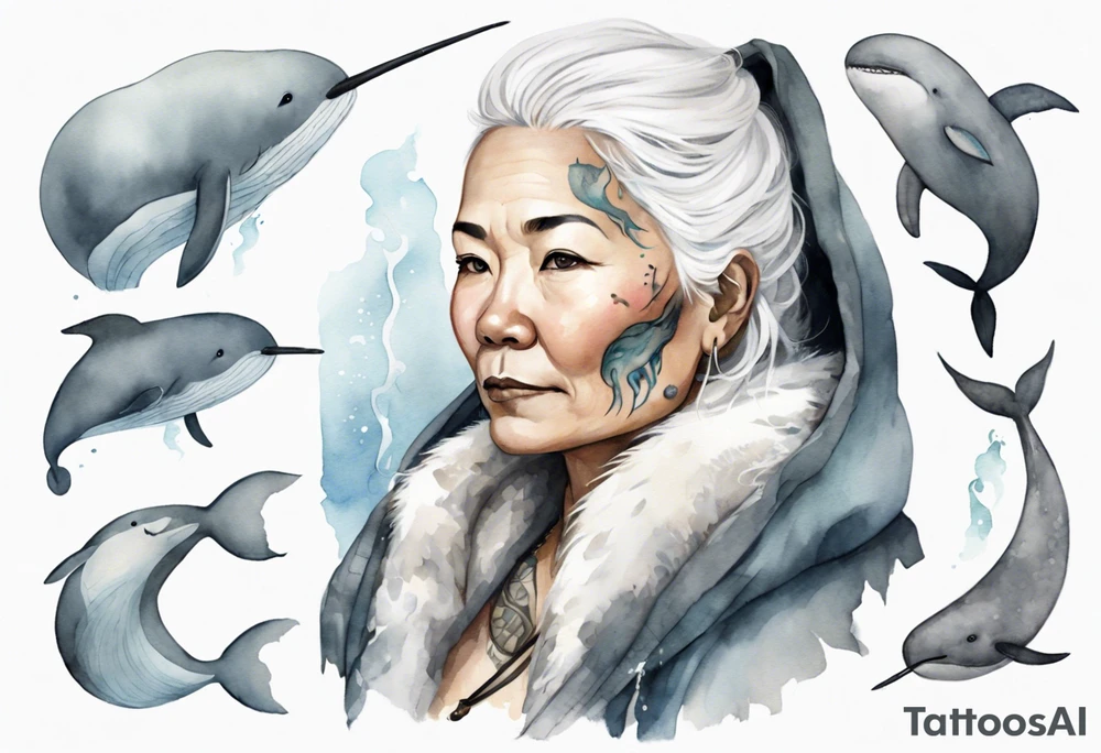 a 45-year-old Inuit woman with white  hair wearing a white and grey cloak with a large narwhal tattoo idea