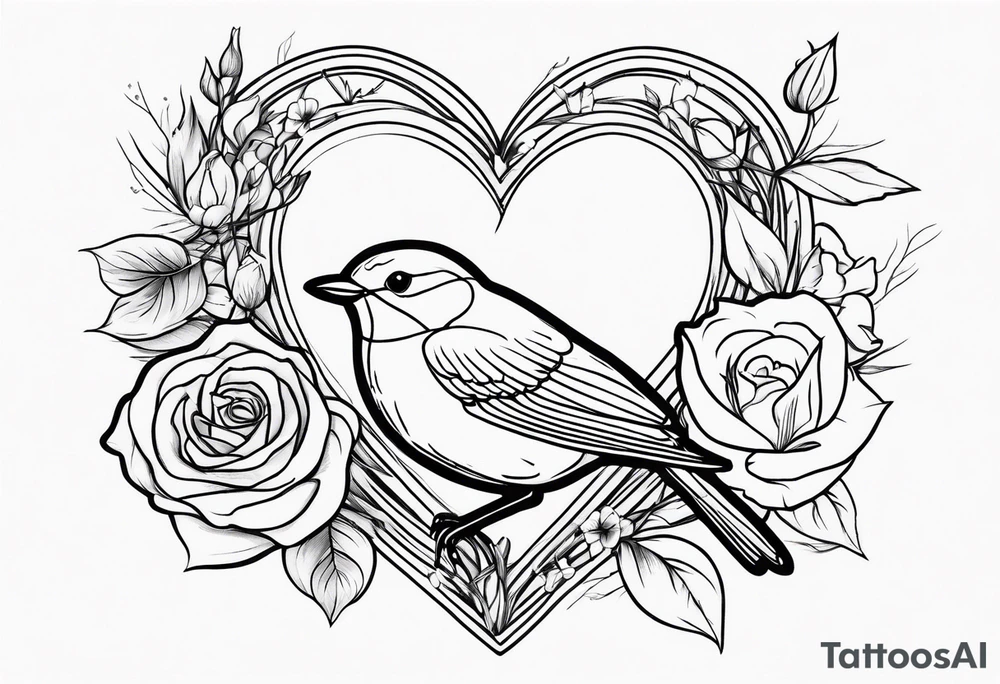 A real heart with a Robin inside surrounded by roses, likely of the valley and cosmos flowers tattoo idea