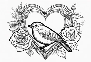 A real heart with a Robin inside surrounded by roses, likely of the valley and cosmos flowers tattoo idea