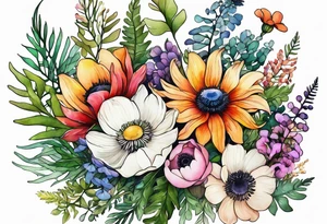 Minimalist Multicolored wild flowers bouquet with ferns and white anemone all watercolor tattoo idea
