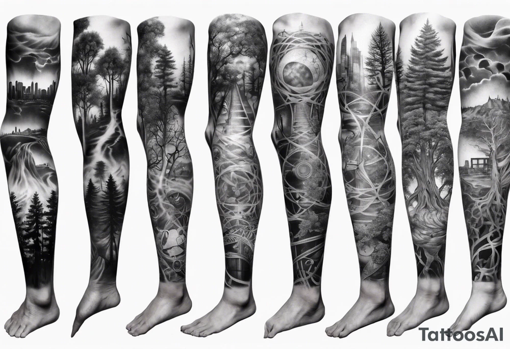 full arm sleeve tattoo combining images of DNA, science, guitar, music, tree of life, cityscape, masculine tattoo idea