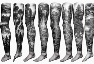 full arm sleeve tattoo combining images of DNA, science, guitar, music, tree of life, cityscape, masculine tattoo idea