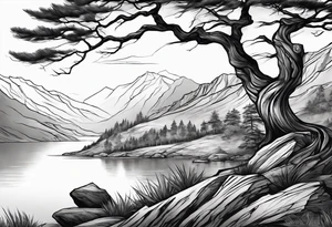 Sleeve tattoo windswept tree before lake with low rock face on another side of the ridge. tattoo idea