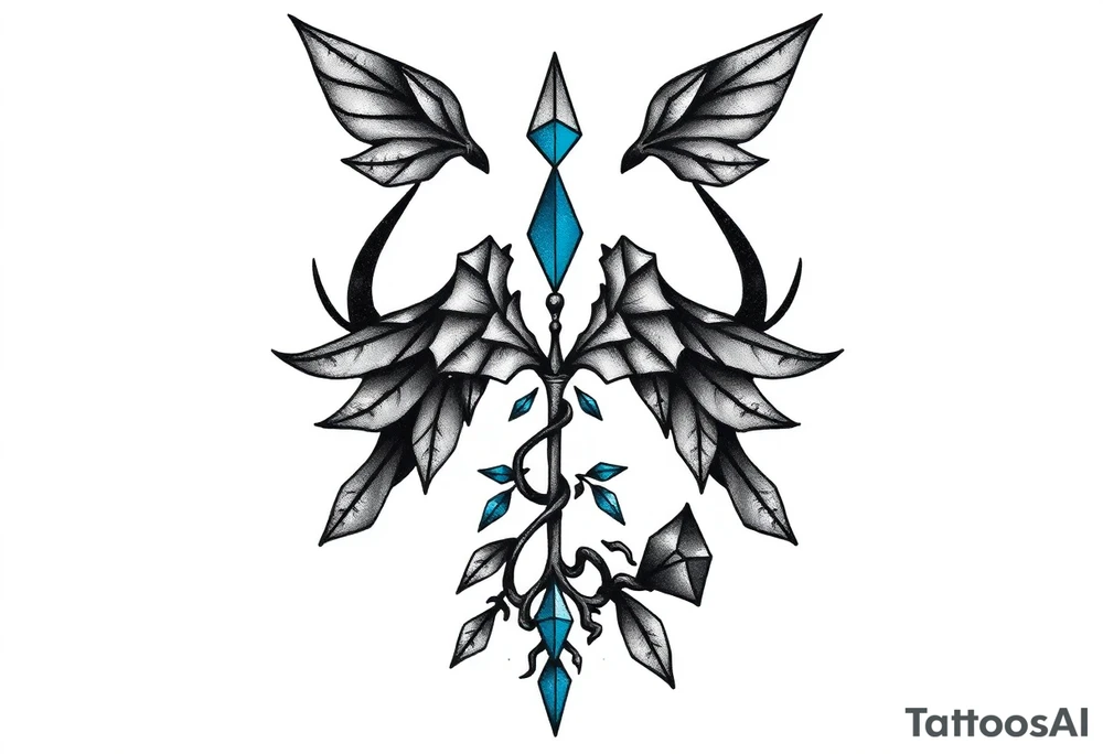 A minimalist tattoo that represents a shattered and betrayed gemini woman who fought hard throughout this year. With colors blue and black. Make it unique and rare. Without leaves and stem. tattoo idea