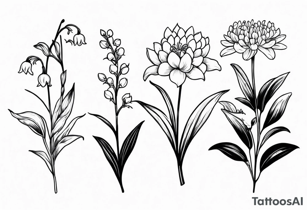 Lily of the valley. Marigold, chrysanthemum, and lily for thigh tattoo vertically tattoo idea