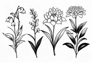 Lily of the valley. Marigold, chrysanthemum, and lily for thigh tattoo vertically tattoo idea