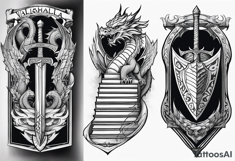 Valhalla sword shield dragon 
stairs tattoo idea