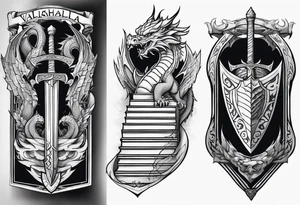 Valhalla sword shield dragon 
stairs tattoo idea