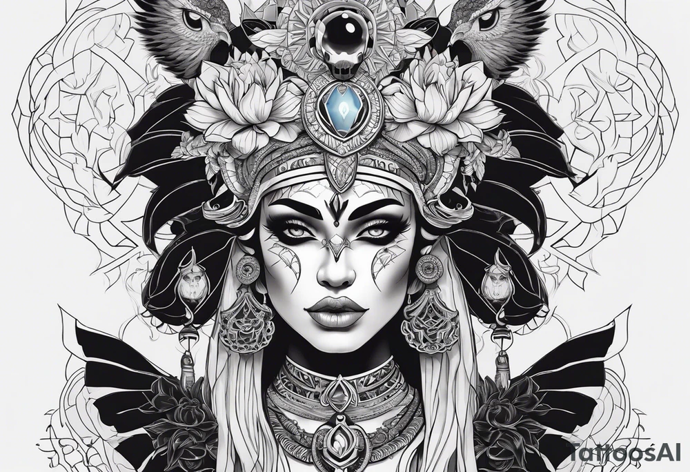 kali ma, alien goddess, valkrye, aries, pirate, divine feminine, zenza resonance, pachamama, lotus azul, blank panther, eagle, skull, 5D, nueva gaya, dna 12 tattoo idea