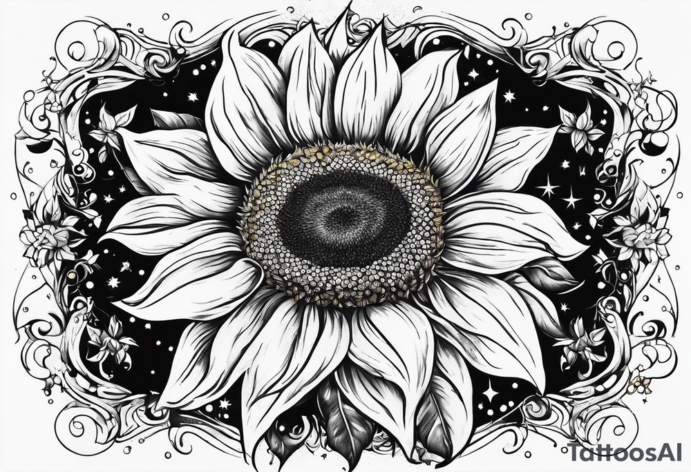 elegant tattoo with sunflower surrounded by circle of little stars and arrow tattoo idea