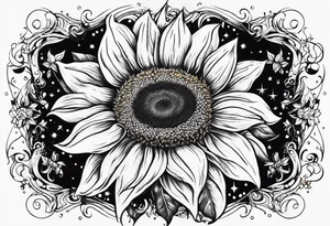 elegant tattoo with sunflower surrounded by circle of little stars and arrow tattoo idea