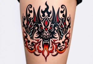 The three-headed Cerberus, its eyes glowing fiery red, surrounded by black smoke and swirling golden flames at the gates of the underworld tattoo idea