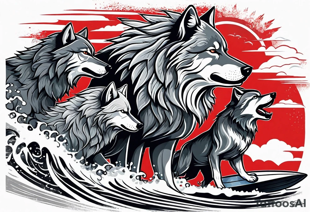 a pack muscular of gray wolves surfing with a tropical background with red white and black and gray tattoo idea