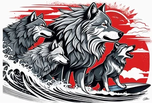 a pack muscular of gray wolves surfing with a tropical background with red white and black and gray tattoo idea