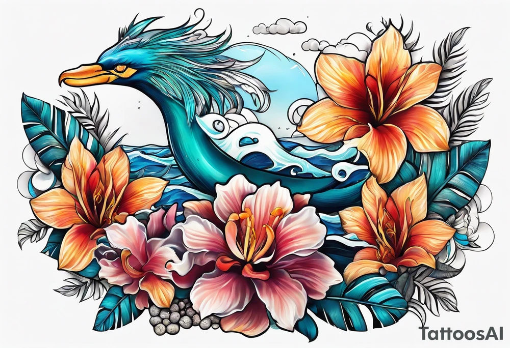 sea, flower, palm, animal tattoo idea