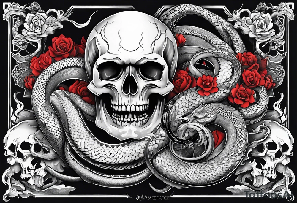 sleeve tattoo with a hydra snake, gun, skull and Japanese designs, NO FLOWERS tattoo idea