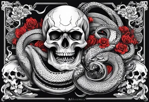sleeve tattoo with a hydra snake, gun, skull and Japanese designs, NO FLOWERS tattoo idea