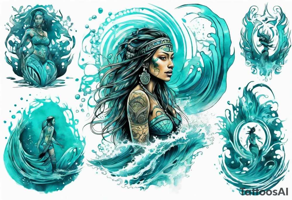 a turquoise Na'vi woman standing in the sea with water for legs surrounded by crashing waves tattoo idea