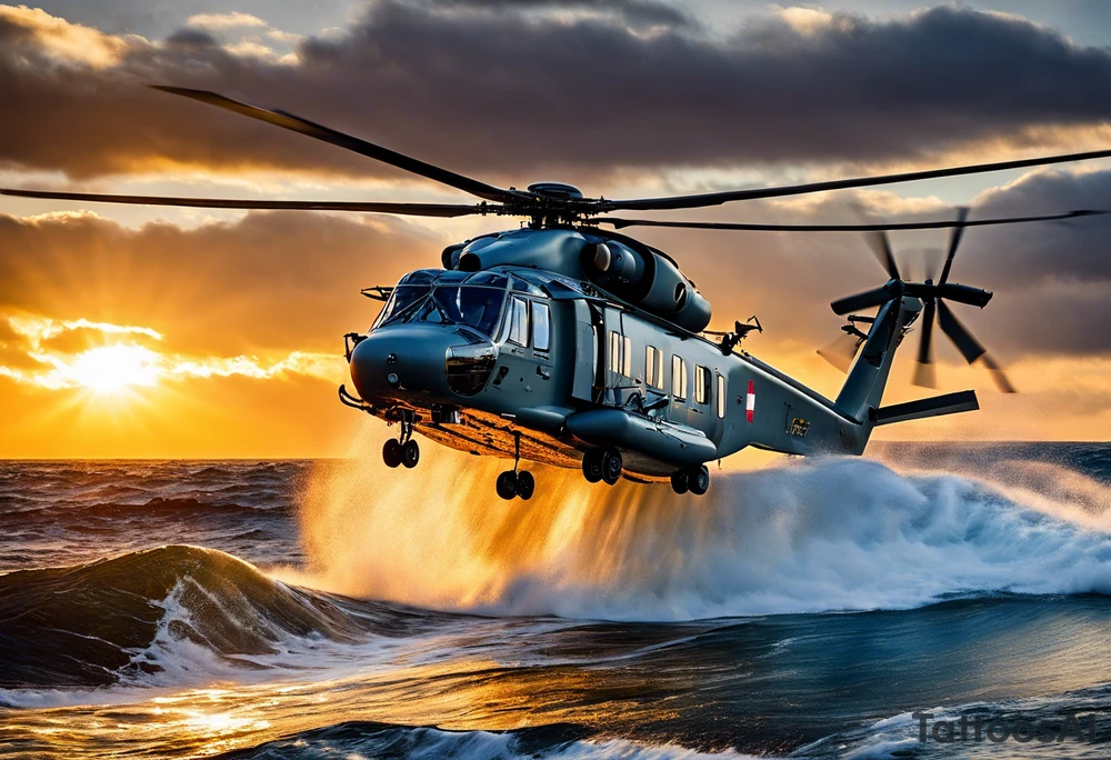Canadian military grey CH-148 Cyclone helicopter soaring low over rough, ocean waves. The sun is setting, casting a dramatic glow on the scene with realistic clouds and a specular reflection of the helicopter on the water. The helicopter should be the main focus, with intricate details and a sense of motion. In the background, a poppy be prominently displayed tattoo idea