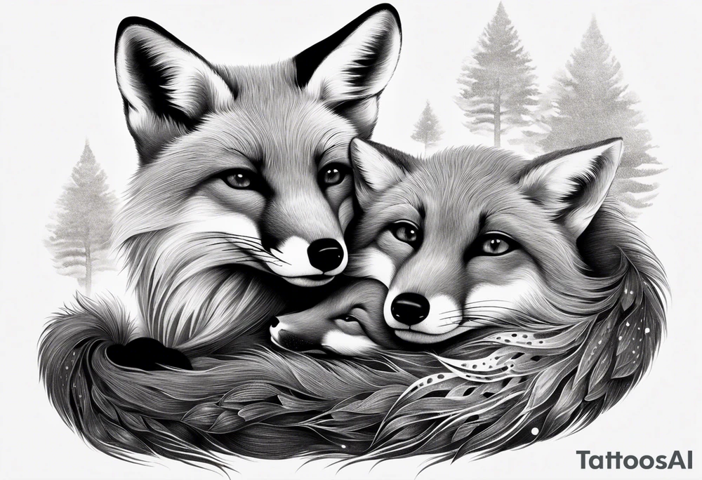 mom and baby fox, realistic, far away tattoo idea