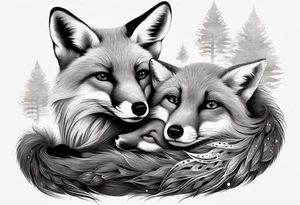 mom and baby fox, realistic, far away tattoo idea
