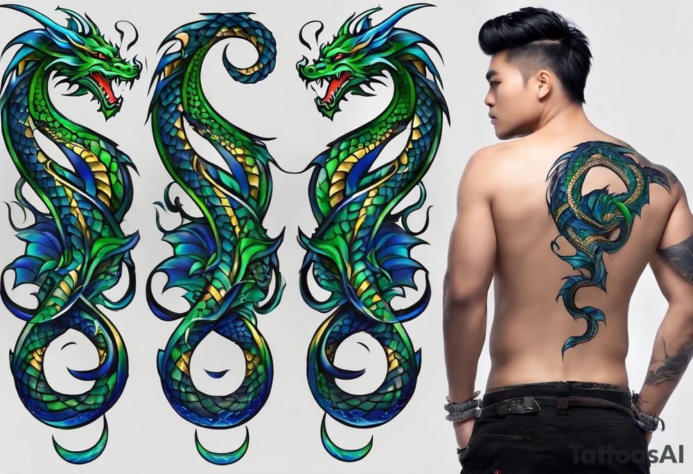 Tribal Tattoo: An epic with no wings, floating. Its long body coiling dynamically, with scales and horns detailed to create a sense of movement and strength. The dragon's main color is midnight blue but features little accents in green, blue, and gold, giving a vibrant depth and a mystical aura. This tattoo highlights the dragon’s fierce expression and sharp claws as it wraps protectively around the leg. Style: Tribal tattoo idea