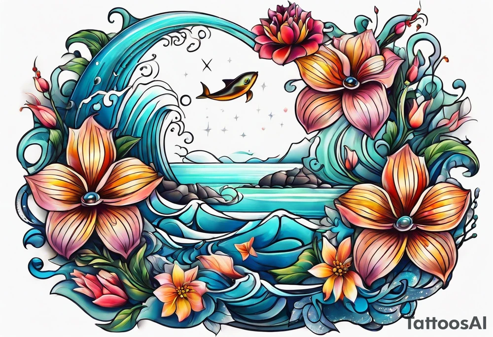 sea,, night, flower, tattoo idea