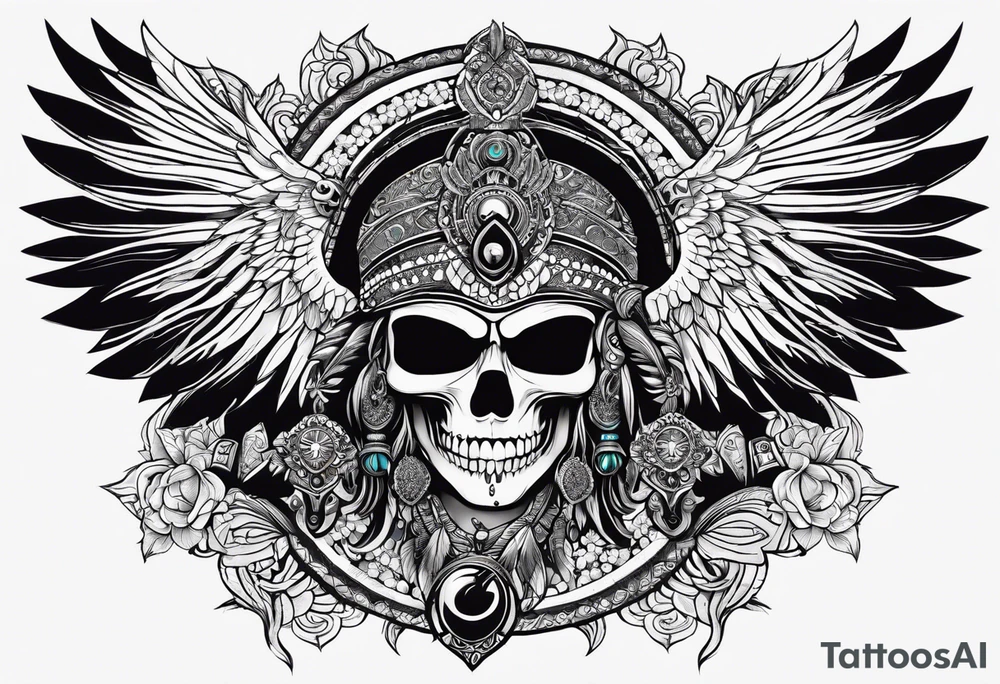 black kali, goddess pirate, alien, pachamama, valkrye, warrior, skull, lotus azul, wing, eagle, zenza resonance, stars, 5D tattoo idea