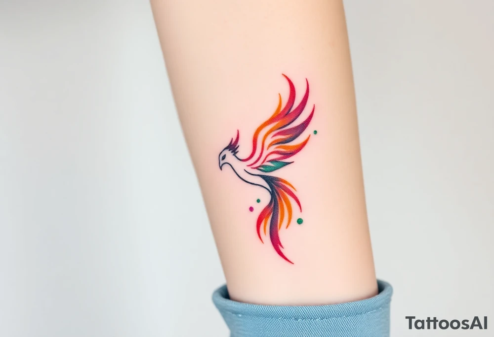 Phoenix with blazing flames with purple, orange, teal and green splashes tattoo idea