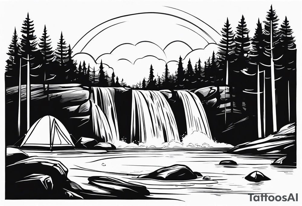 waterfall going into a river with a camp site in Australia tattoo idea