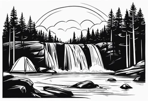 waterfall going into a river with a camp site in Australia tattoo idea