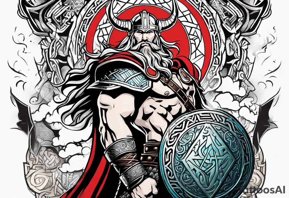 Thor with him holding mjolnir and a vignette of viking rune design tattoo idea