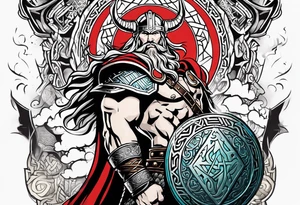 Thor with him holding mjolnir and a vignette of viking rune design tattoo idea
