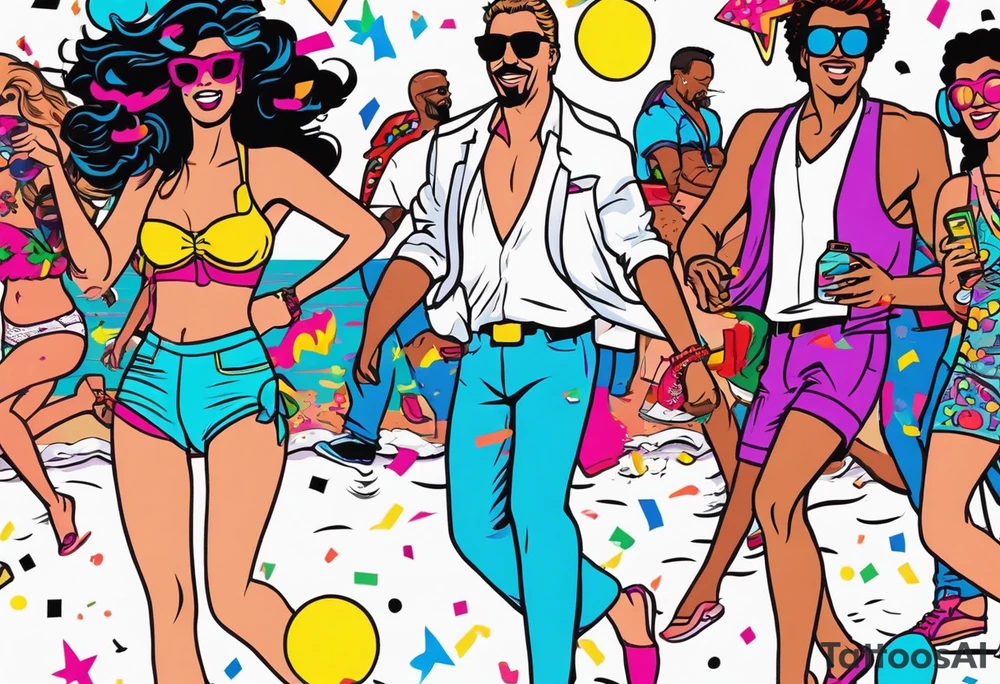 1980's miami vice style beach dance 
party, include confetti, music notes, boom box, bikinis tattoo idea