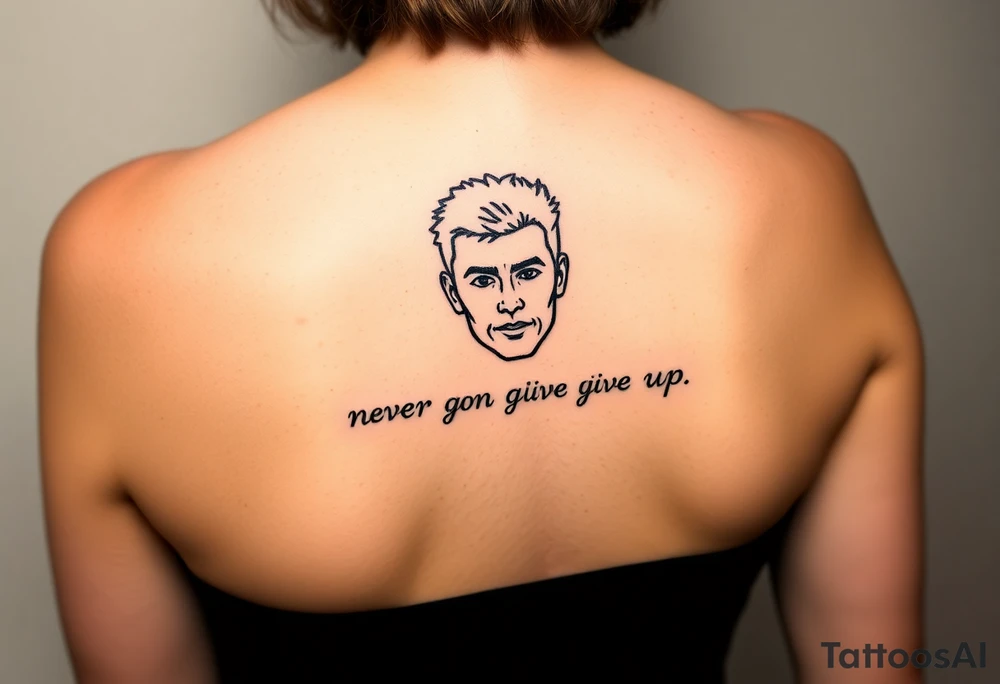 Rick Astley Face and Never Gonna Give You Up text tattoo idea
